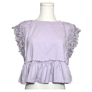 Anthropologie Lavender Purple Crochet Cap Sleeve Cropped Babydoll Peplum Top XS